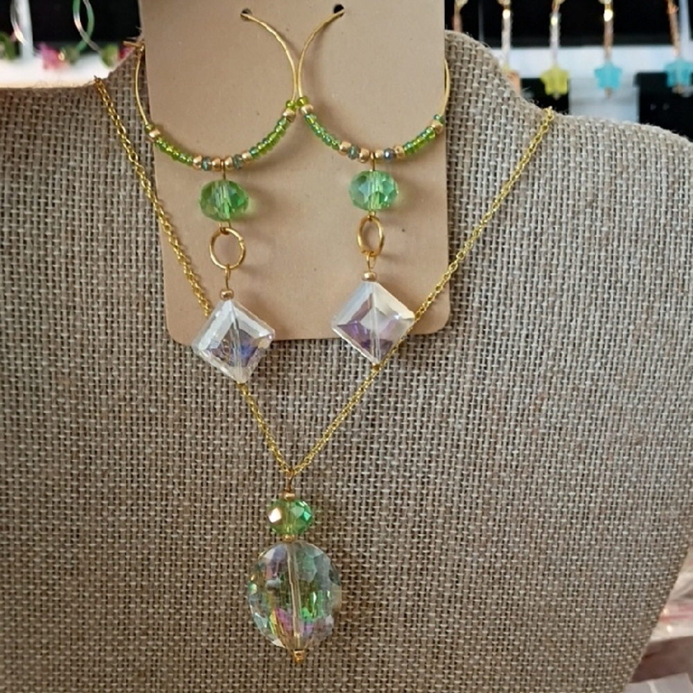 Gold and Green Drop Earrings with Crystal Accents